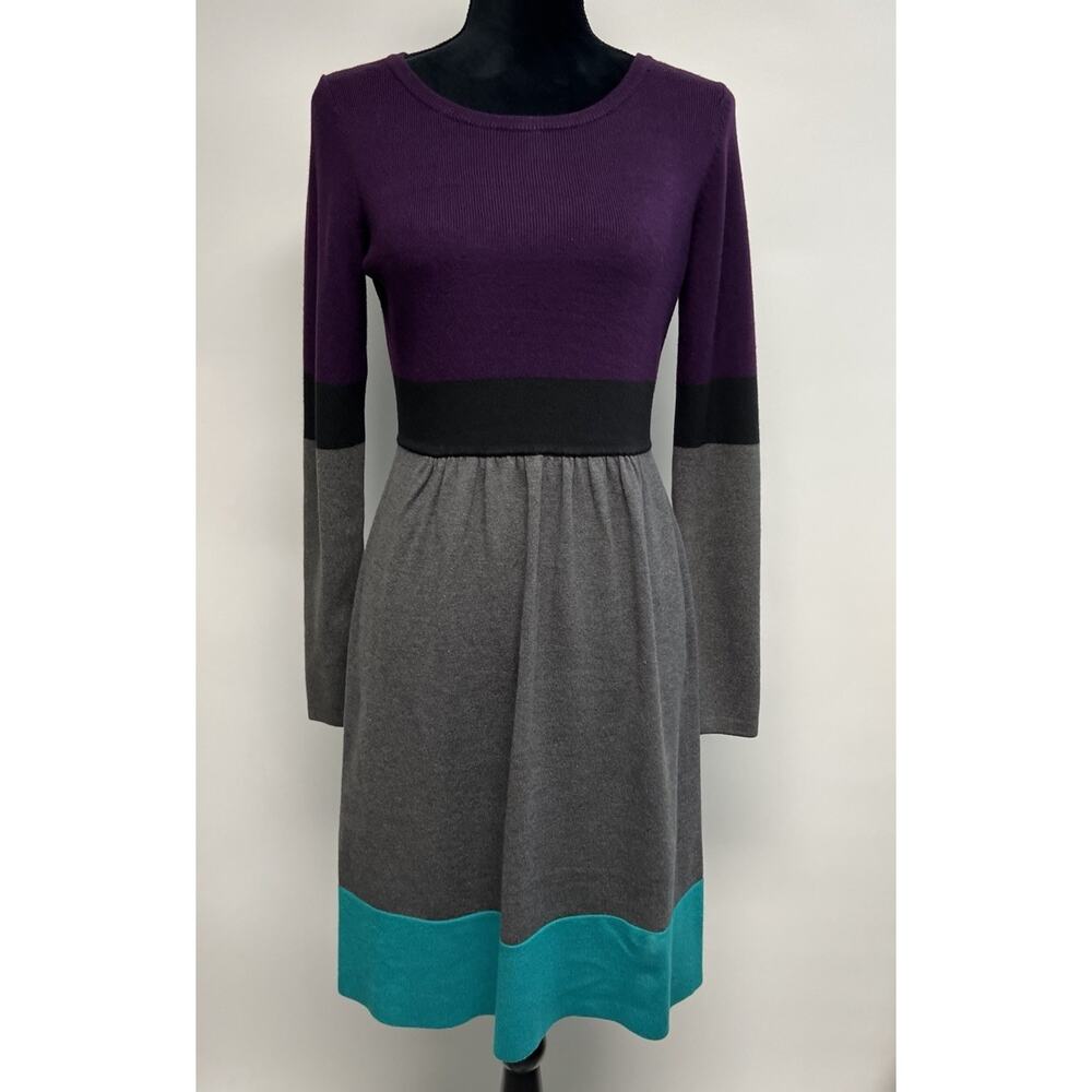 Eliza J Fit & Flare Small Sweater Dress Stretch Ribbed Color Block Preppy Career